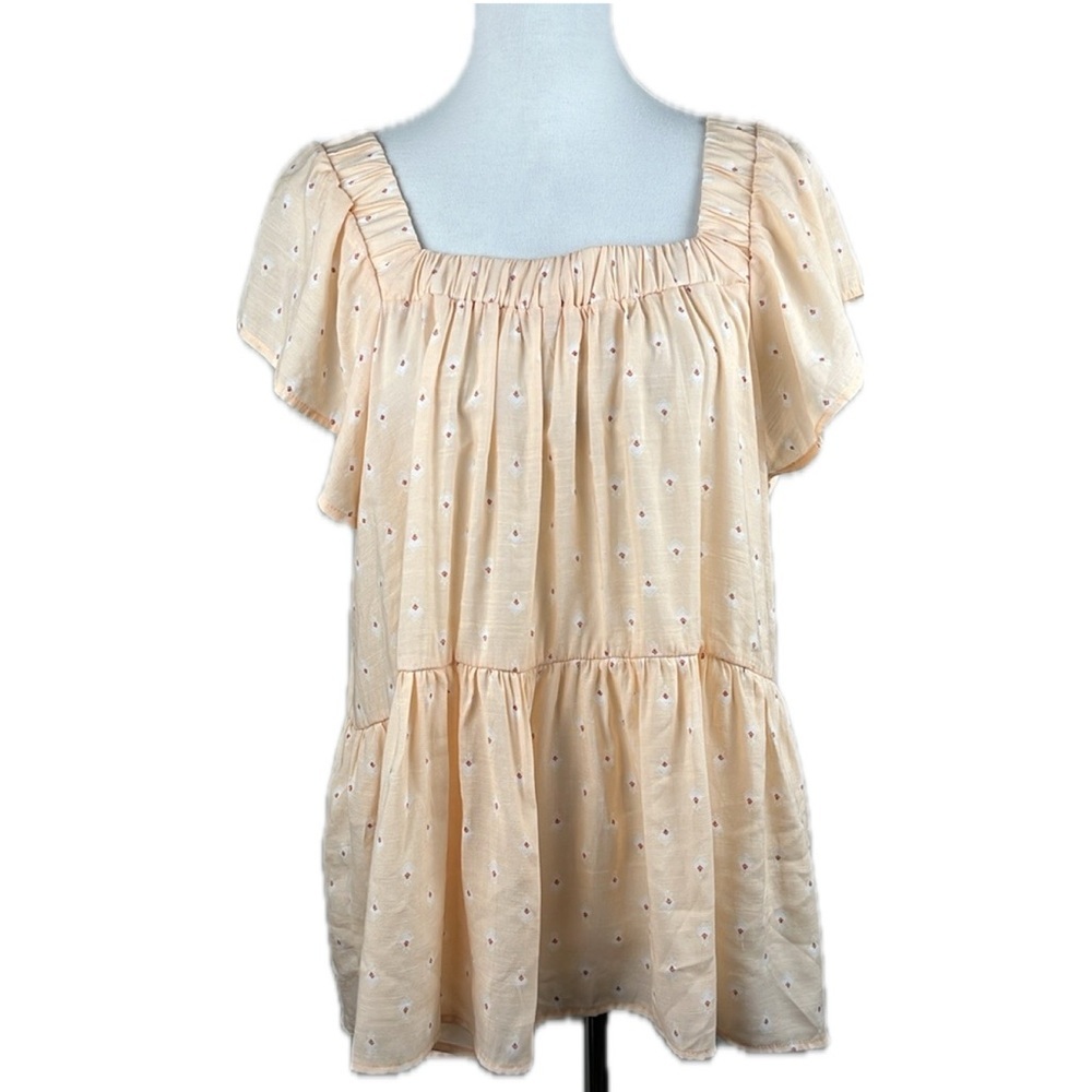 Wonderly Peach Geometric Print Peplum Top  XXL Square neck Cottage Boho Country